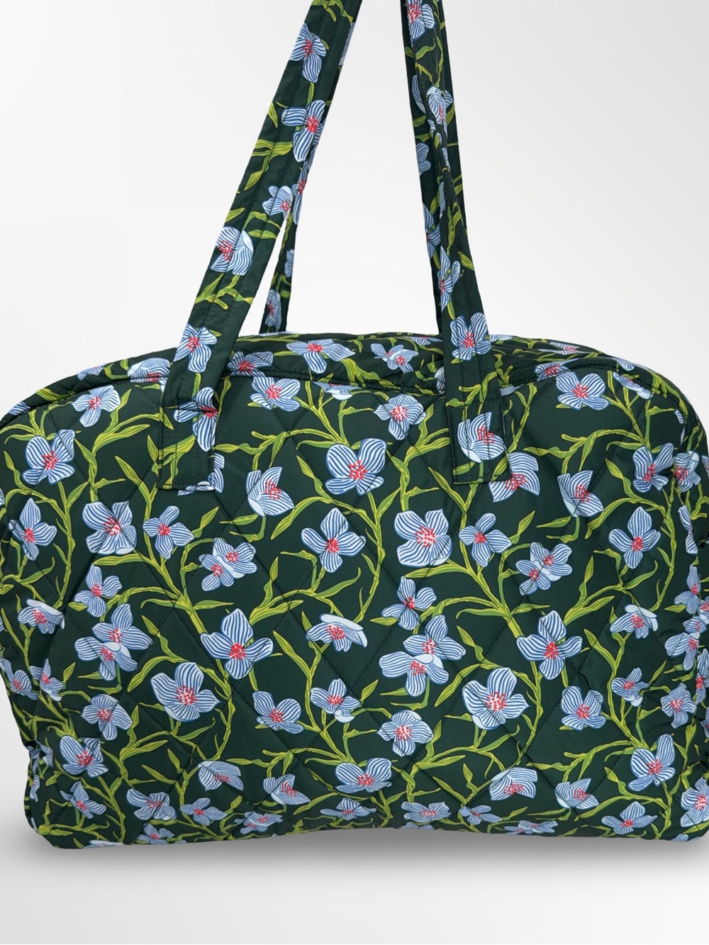 Vera Bradley Large Weekender Green Quilted Travel Bag with Blue Floral Print
